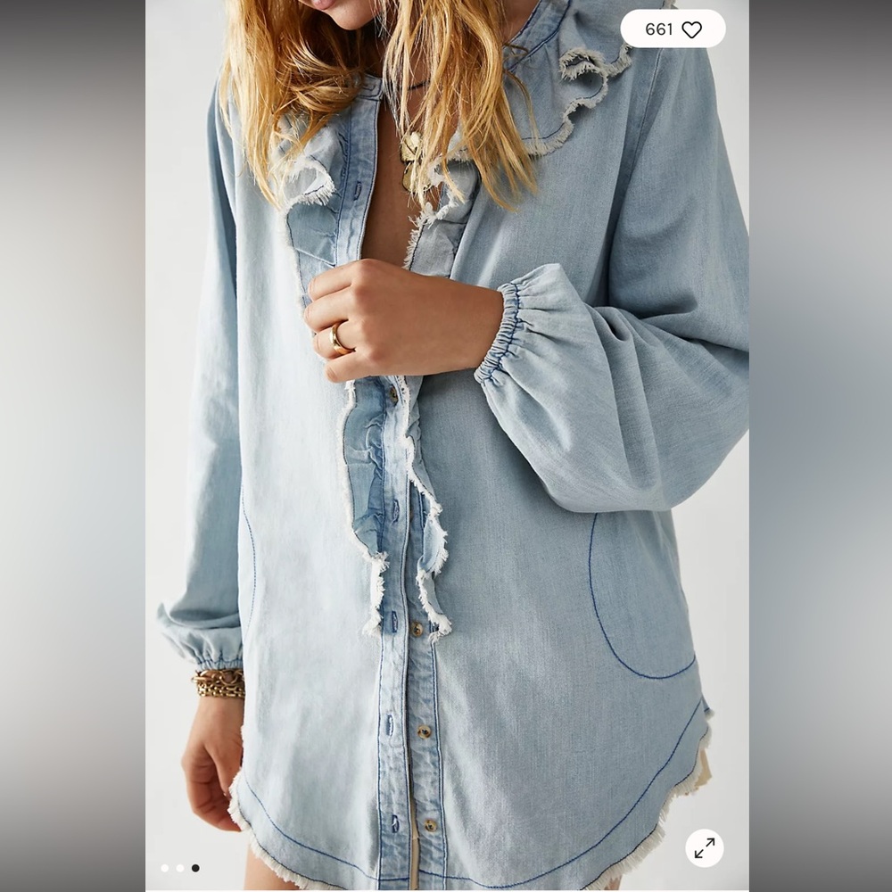 Free People Ramona Denim Tunic. Ruffle front in a small.